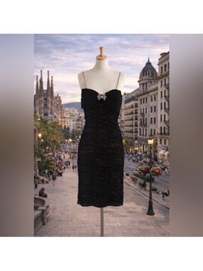 Self-Portrait Black Mini Dress with Chain Straps and Bow